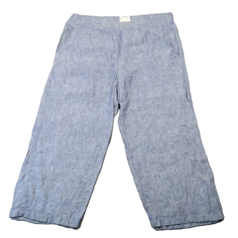 Cynthia Rowley Linen Wide Leg Pants L Blue Chambray Coastal Cropped Lagenlook